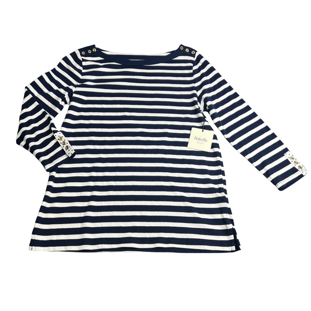 Rafaella Weekend Womens Inky Blue Striped Cotton Boat Neck Top Small NWT